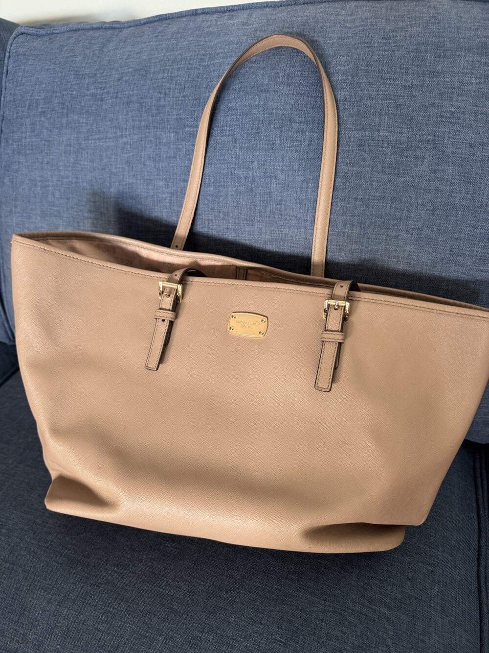 Michael Kors Saffiano Taupe Leather Tote Bag Gold Logo